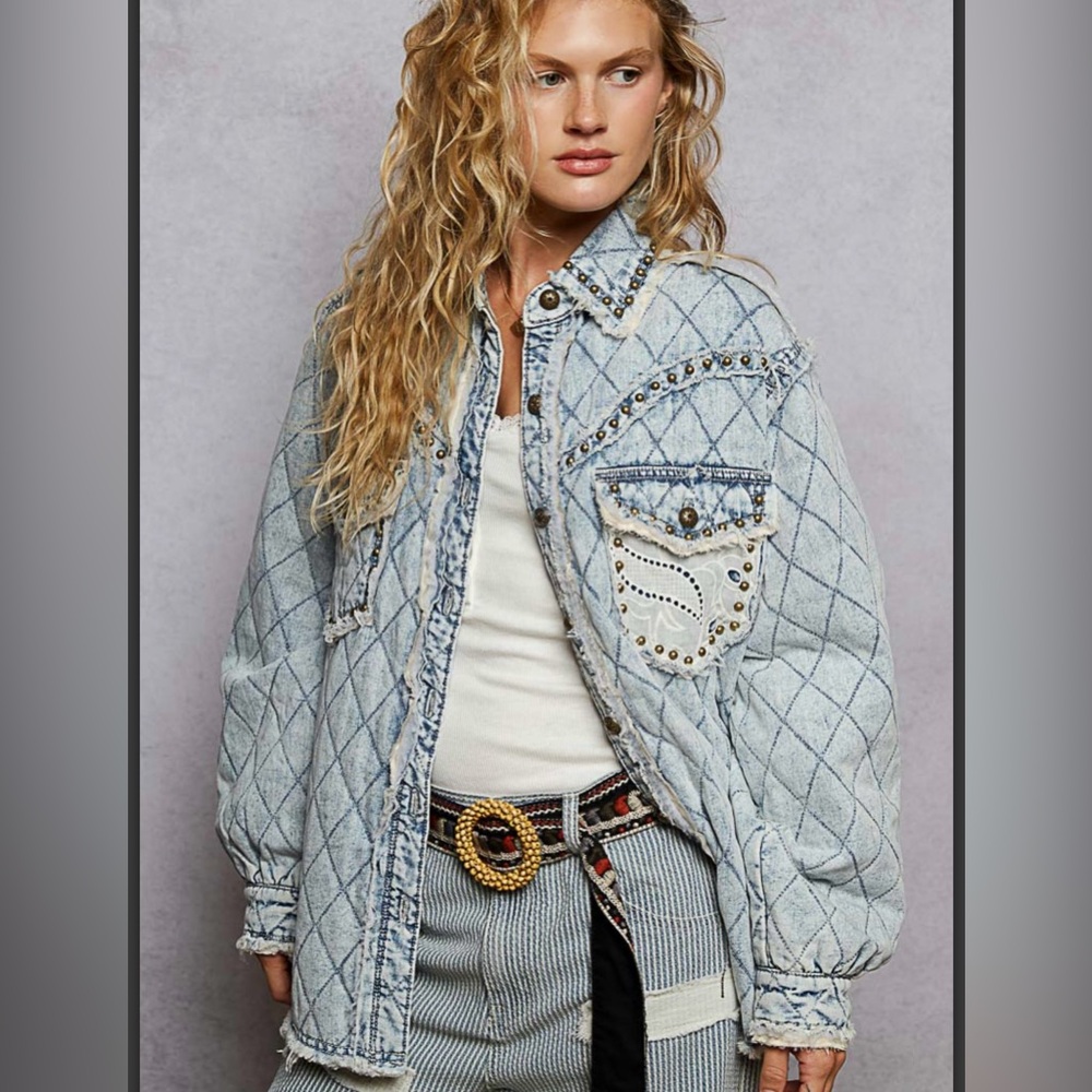 POL XSMALL Studded Quilted Denim Jacket - Picture 2 of 5